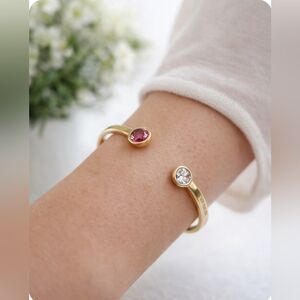 Kate Spade New York Gold Open Cuff Bracelet Pink & Clear Stone Hinged Bangle